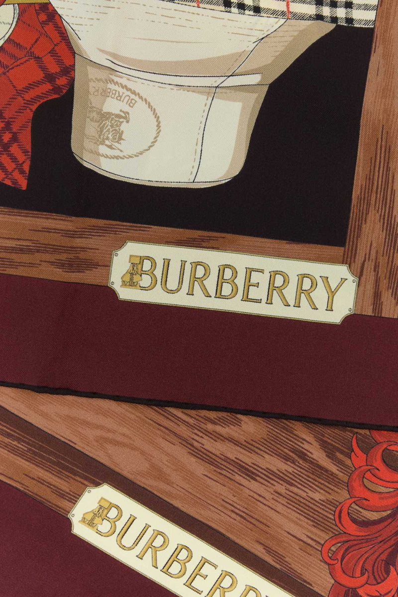 Burberry Equestrian-Print Mulberry Silk Scarf — Burgundy Scarfs