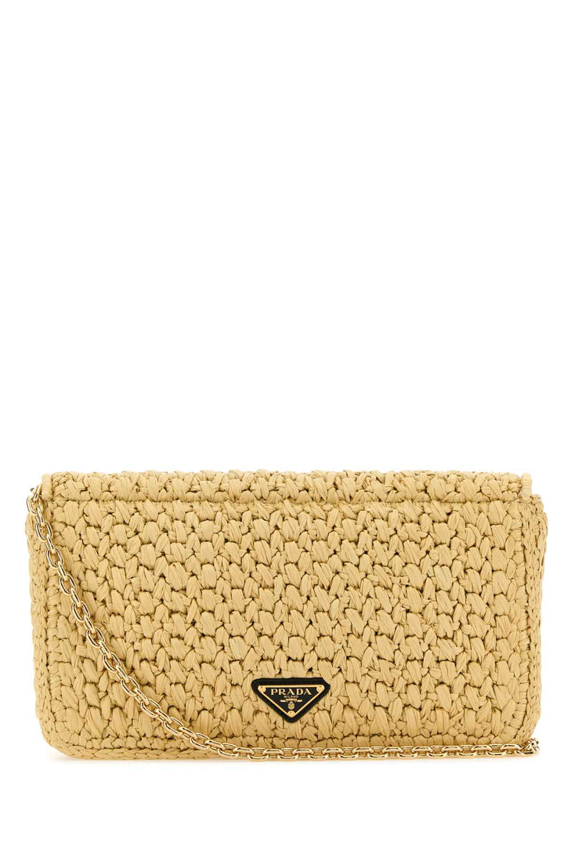 Prada Raffia With Logo Embroidery Crossbody Bag — Beige
