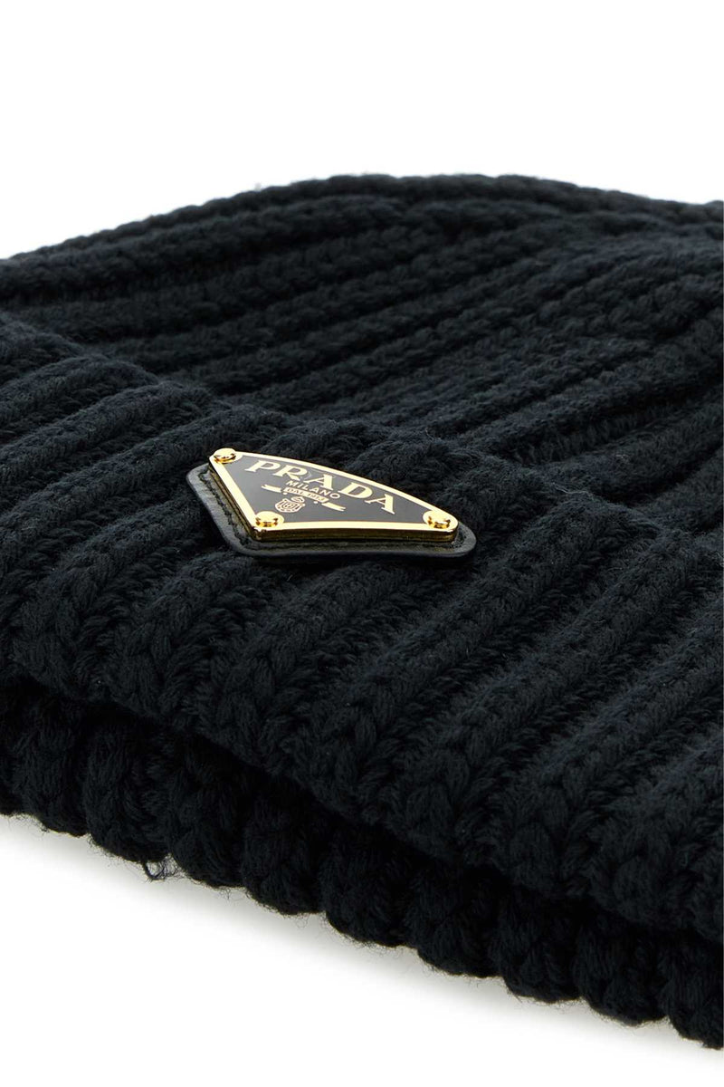 Prada Hat Virgin Wool Ribbed Beanie — Black Exterior: Beanies