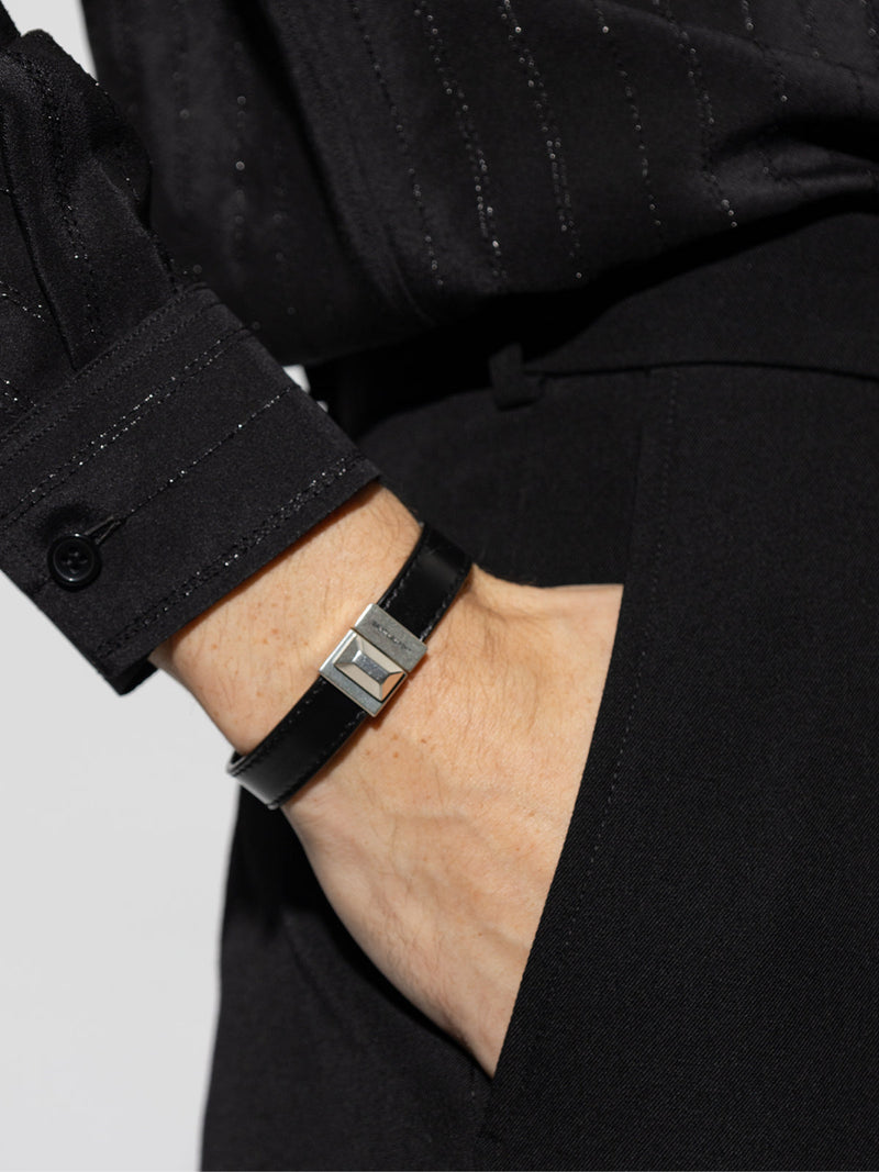 Saint Laurent Engraved Logo Leather Bracelet — Black Bracelets