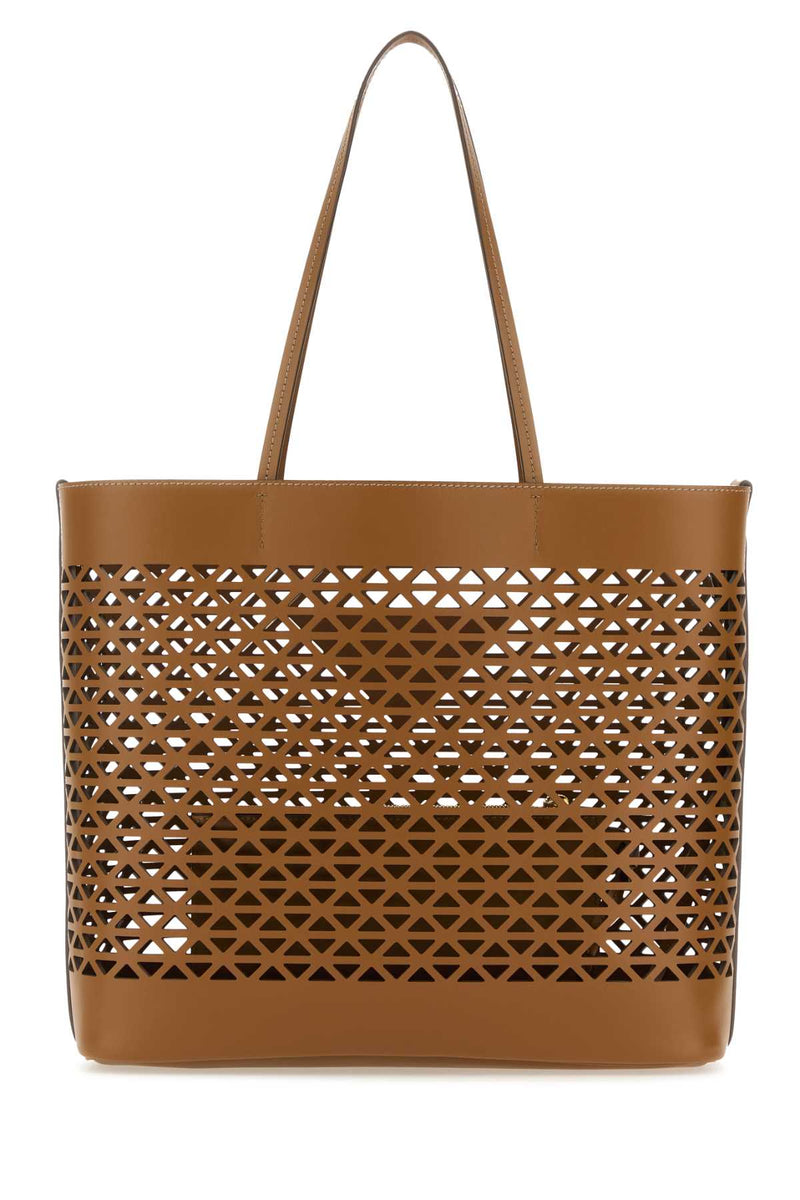 Prada Geometric Cutout Leather Tote Bag — Brown Exterior