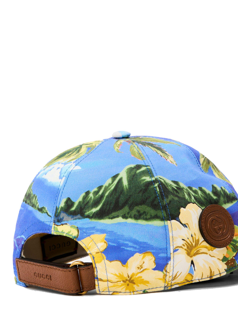 Gucci 7006004hapr8464 Hawaiian Print Logo Patch Baseball Cap — Blue Cotton Caps