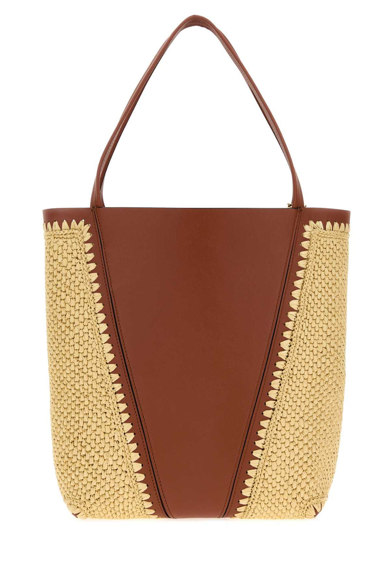 Chloé Leather And Raffia Colour-Block Shoulder Bag — Brown