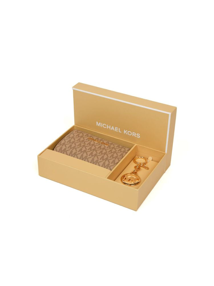 Michael Kors Logo Monogram Bi-Fold Wallet — Camel Polyvinyl Chloride