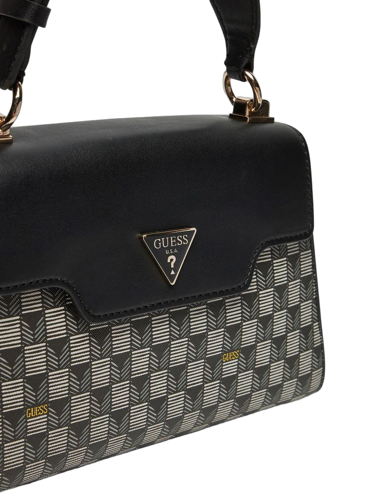 Guess Checkered Polyurethane Top Handle Bag — Black