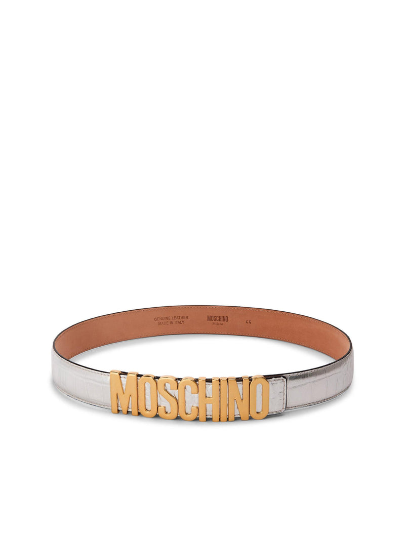 Moschino Logo Lettering Buckle Belt — Silver Leather