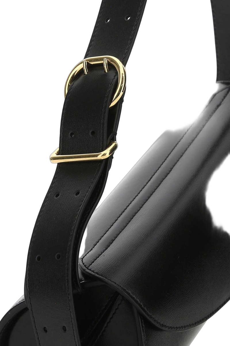 Jil Sander Leather Curved Flap Shoulder Bag — Black