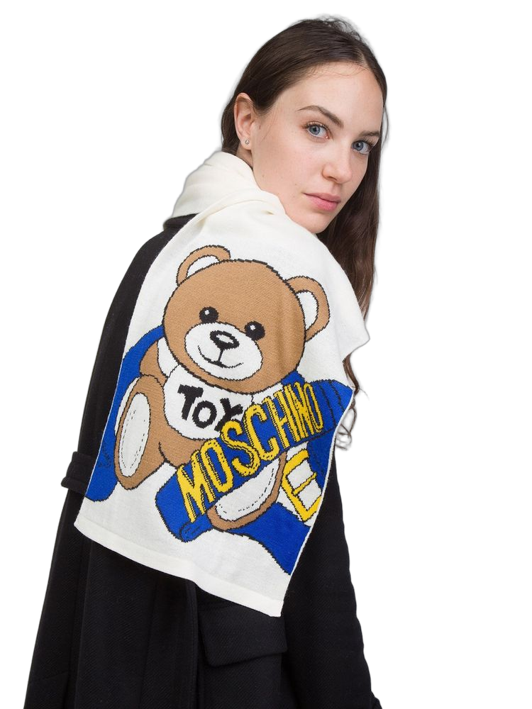 Moschino Teddy Bear-Graphic Wool Scarf — White Scarfs