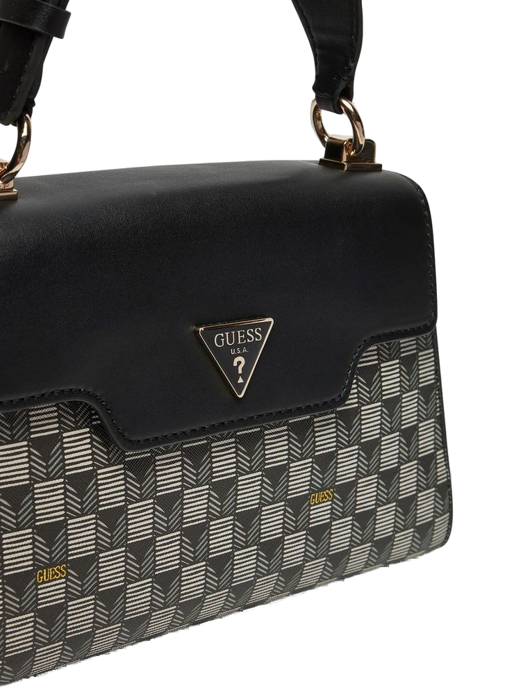 Guess Logo-Patterned Polyurethane Top Handle Bag — Black