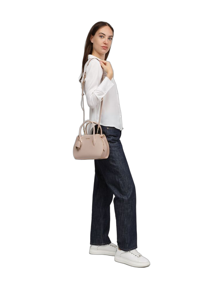 Coccinelle Shiny Calf Split Leather Shoulder Bag — Beige