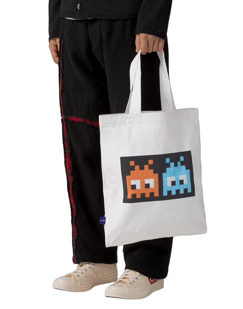 Comme Des Garçons Space Invaders Logo Appliqué Tote Bag — White Cotton