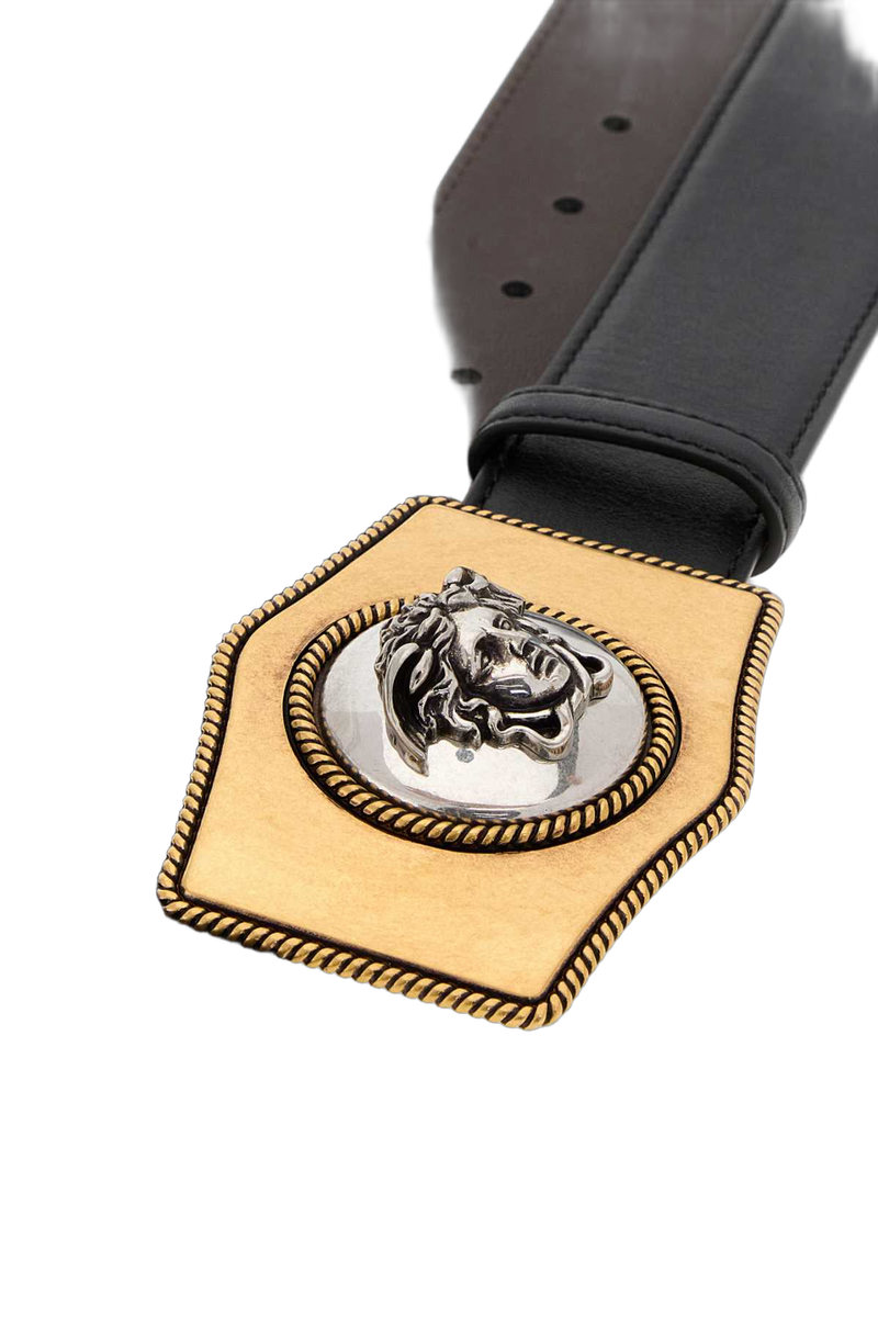 Versace Medusa Head Leather Plate Buckle Belt — Black Exterior