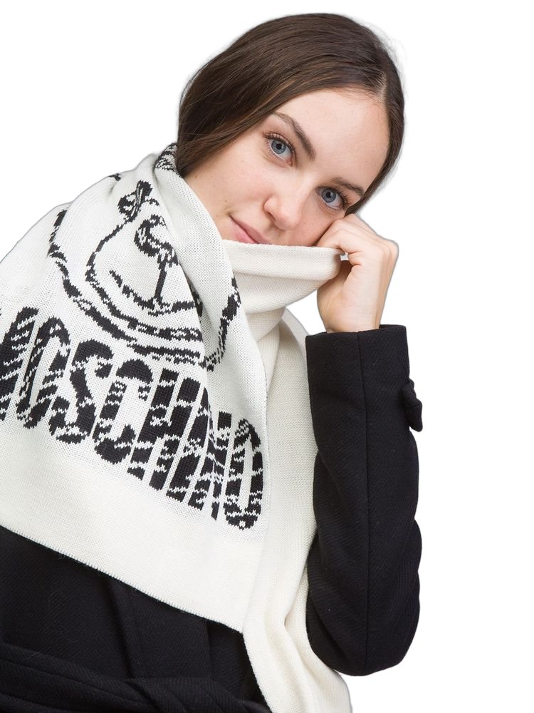 Moschino Logo-Graphic Wool Blend Scarf — White Scarfs