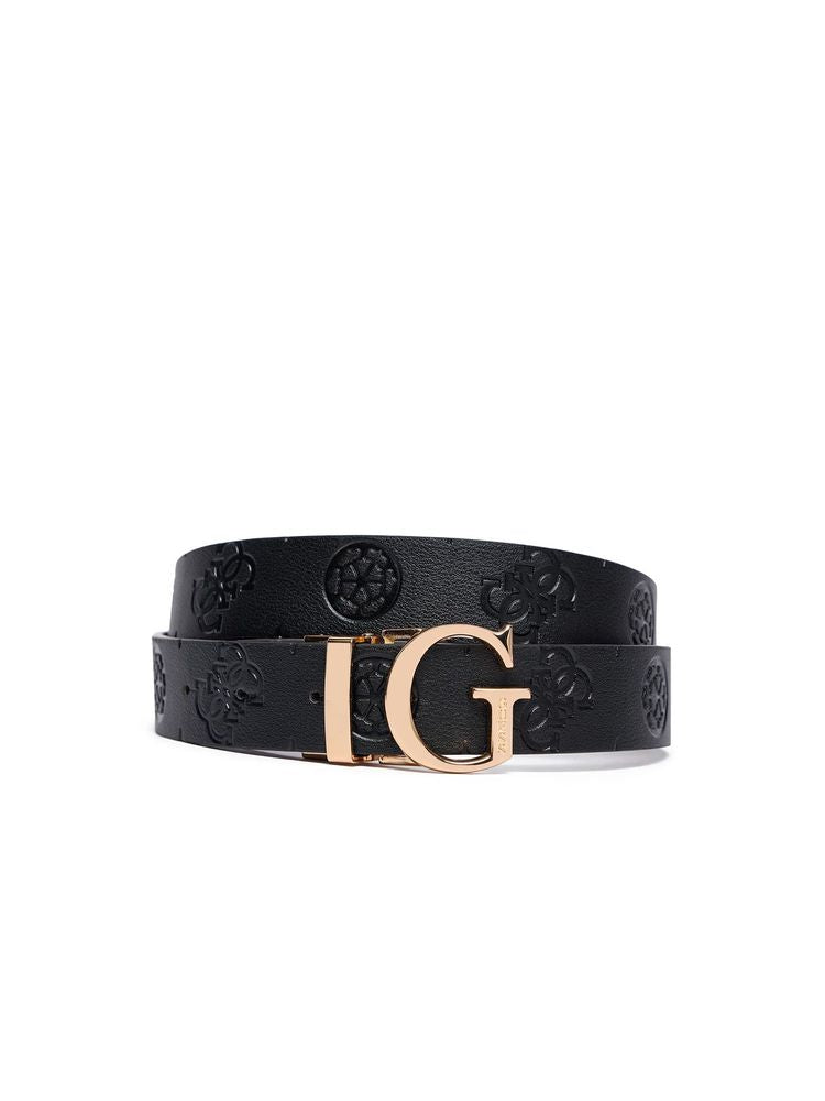 Guess Embossed Leather G-Buckle Belt — Burgundy Polyester