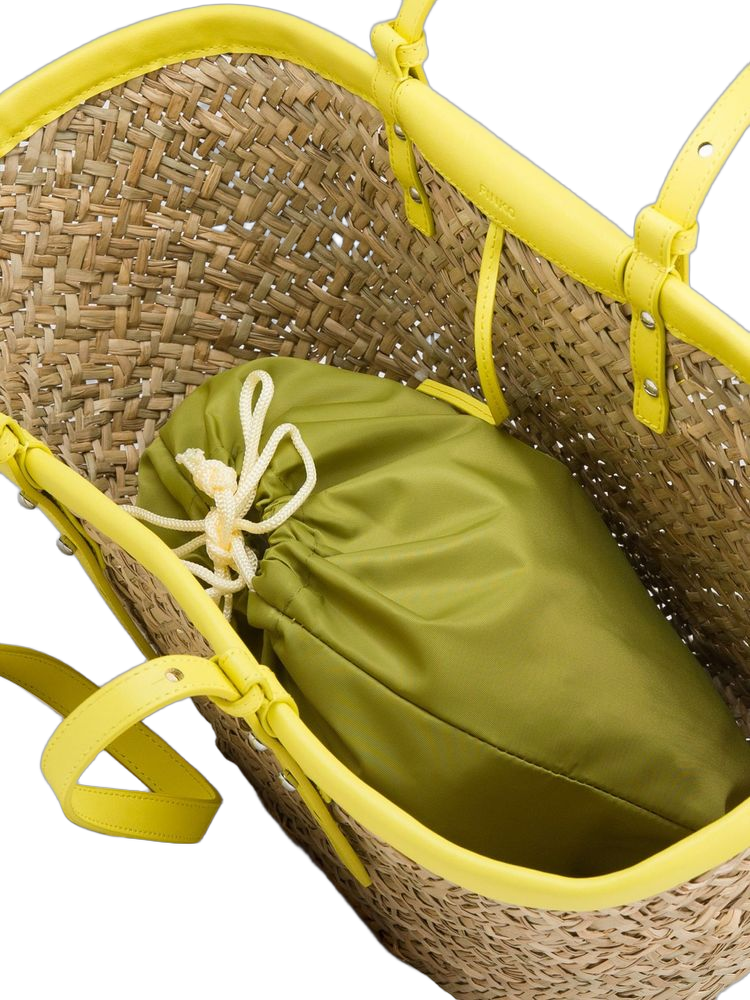 Pinko Raffia And Leather Tote Bag — Yellow Cow