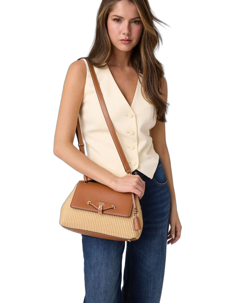 Guess Woven Straw And Leather Shoulder Bag — Beige Polypropylene
