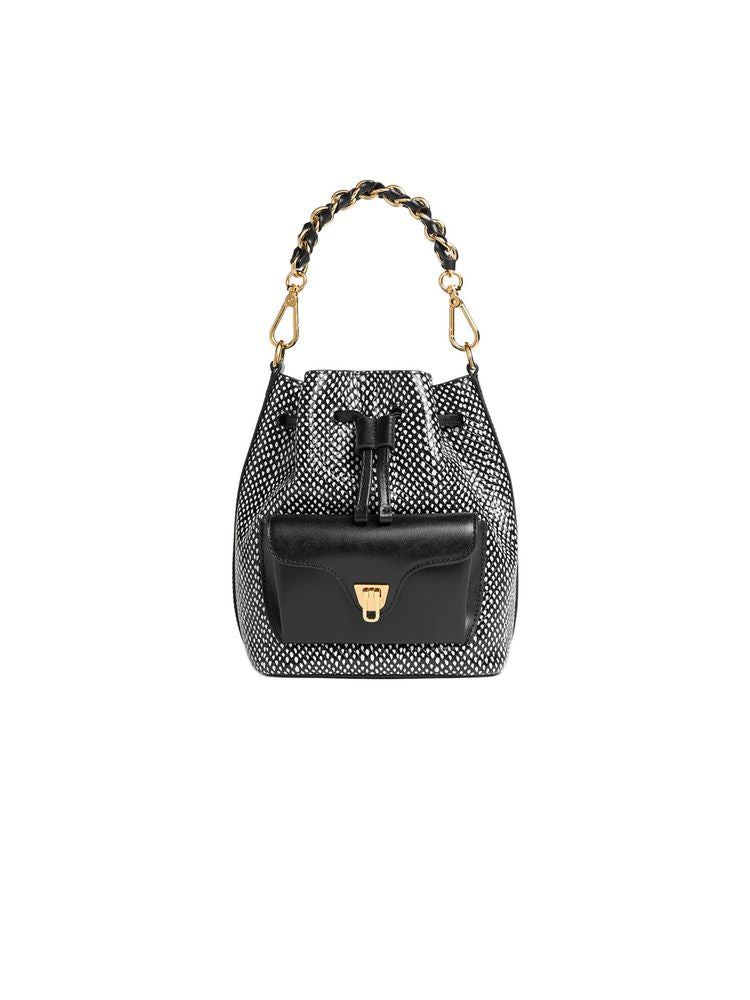 Coccinelle Elaphe-Printed Calf Split Leather Shoulder Bag — Black