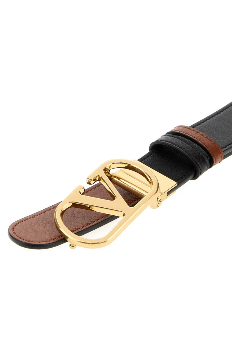 Valentino Garavani Gold Vd Logo-Buckle Leather Belt — Black