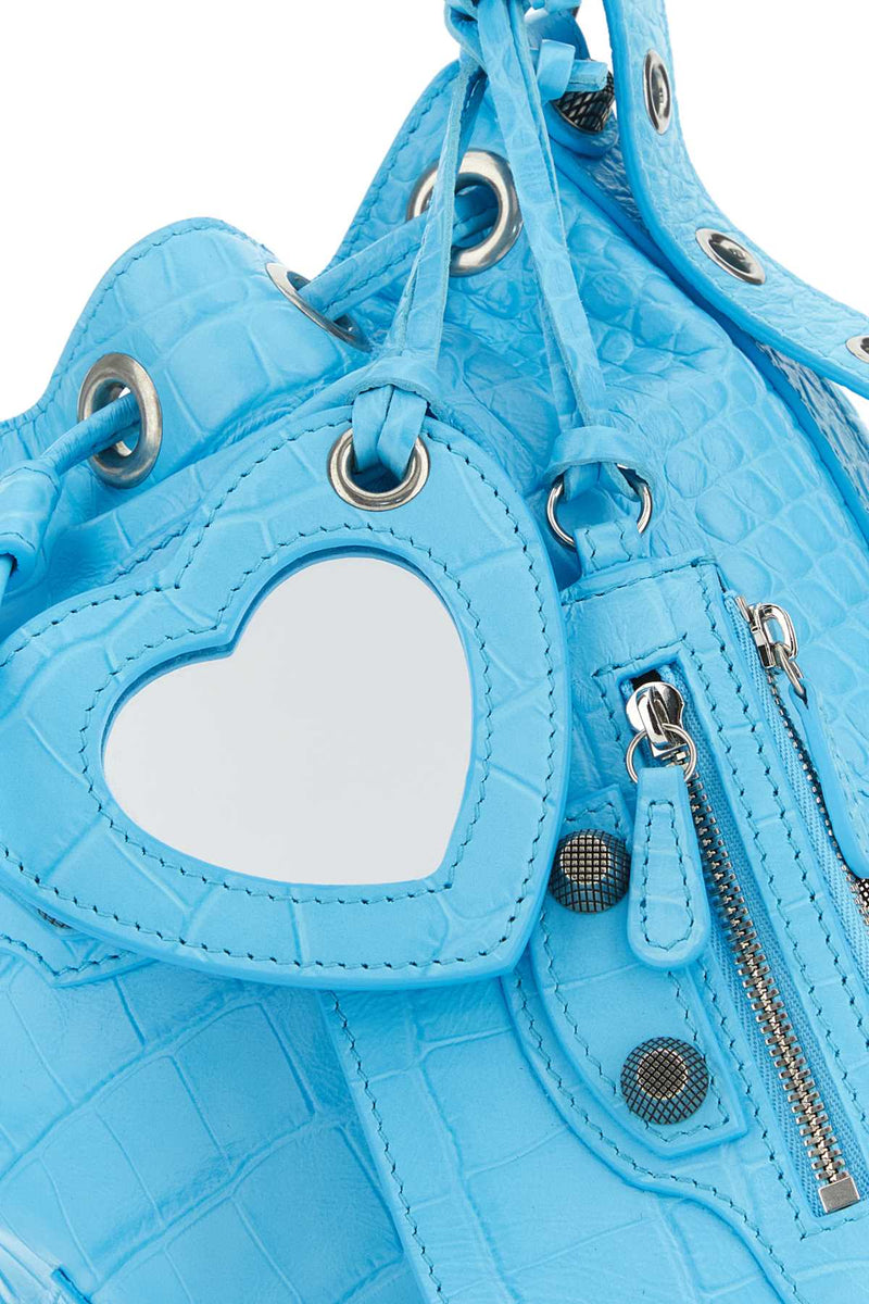 Balenciaga Croc-Embossed Leather Bucket Bag — Blue T Cotton R Elastan