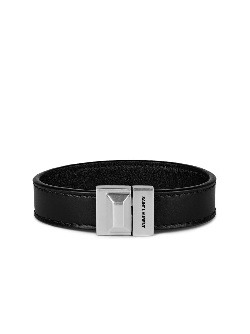 Saint Laurent Engraved Logo Leather Bracelet — Black Bracelets