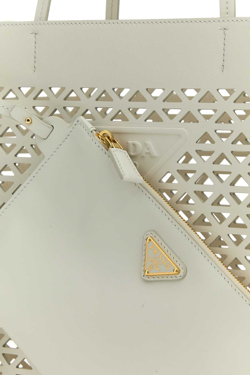Prada Perforated Leather Tote Bag — White Exterior