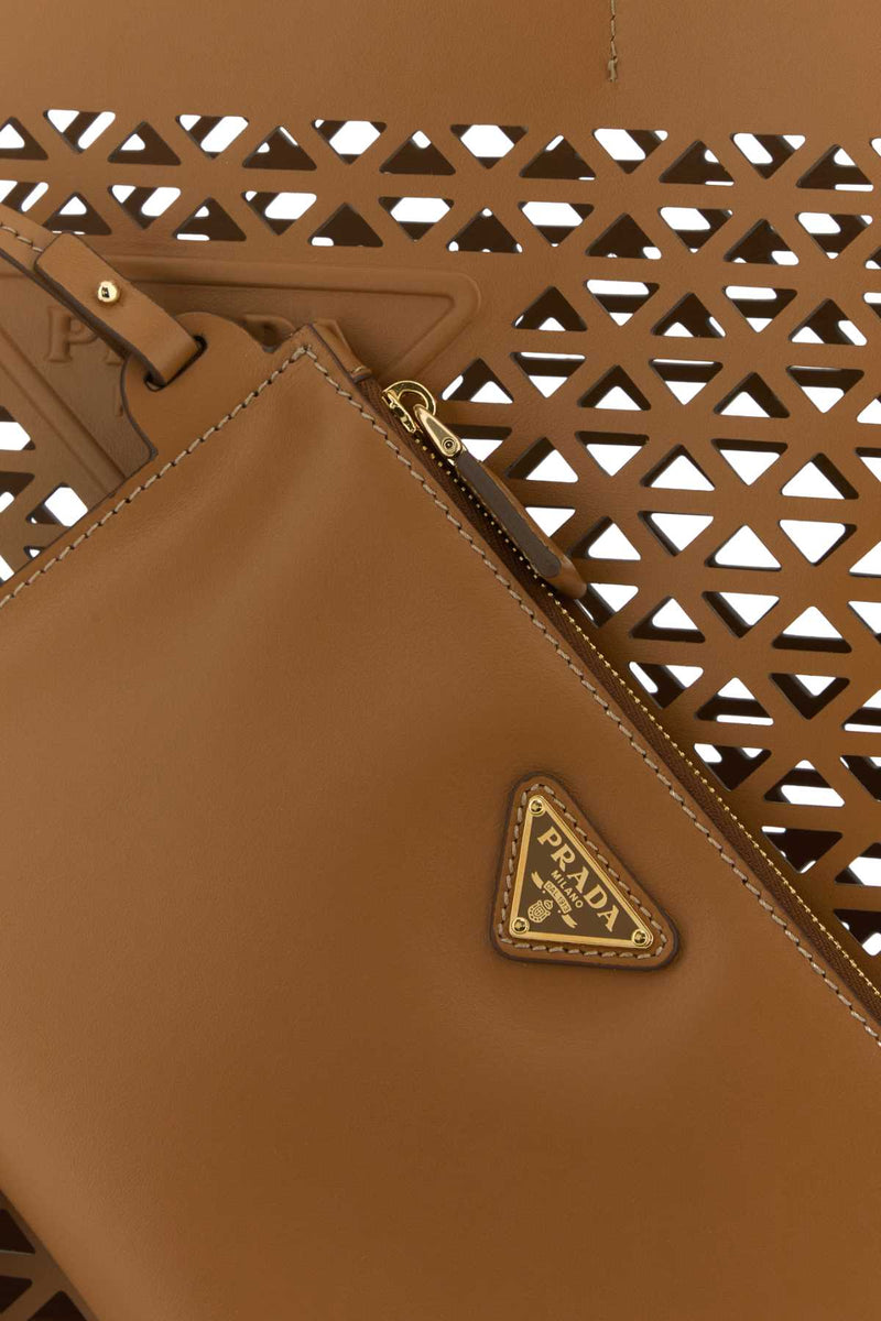 Prada Geometric Cutout Leather Tote Bag — Brown Exterior
