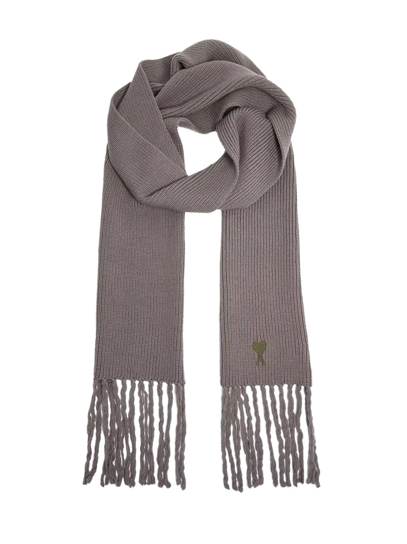 Ami Paris Logo-Embroidered Virgin Wool Scarf — Gray Scarfs