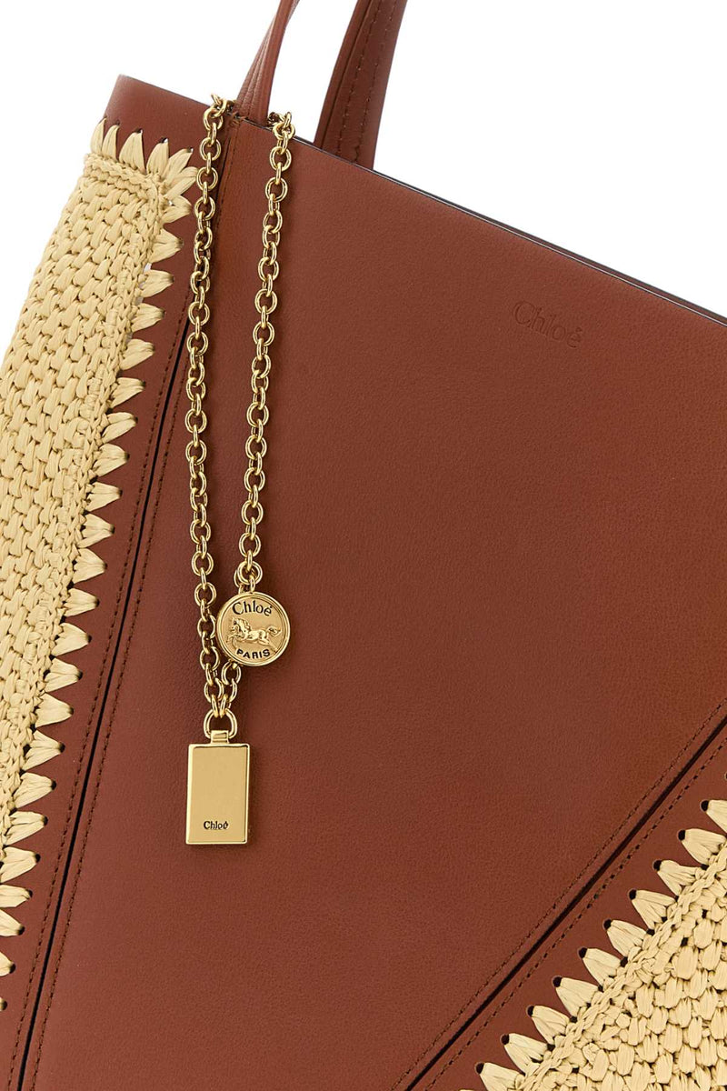 Chloé Leather And Raffia Colour-Block Shoulder Bag — Brown
