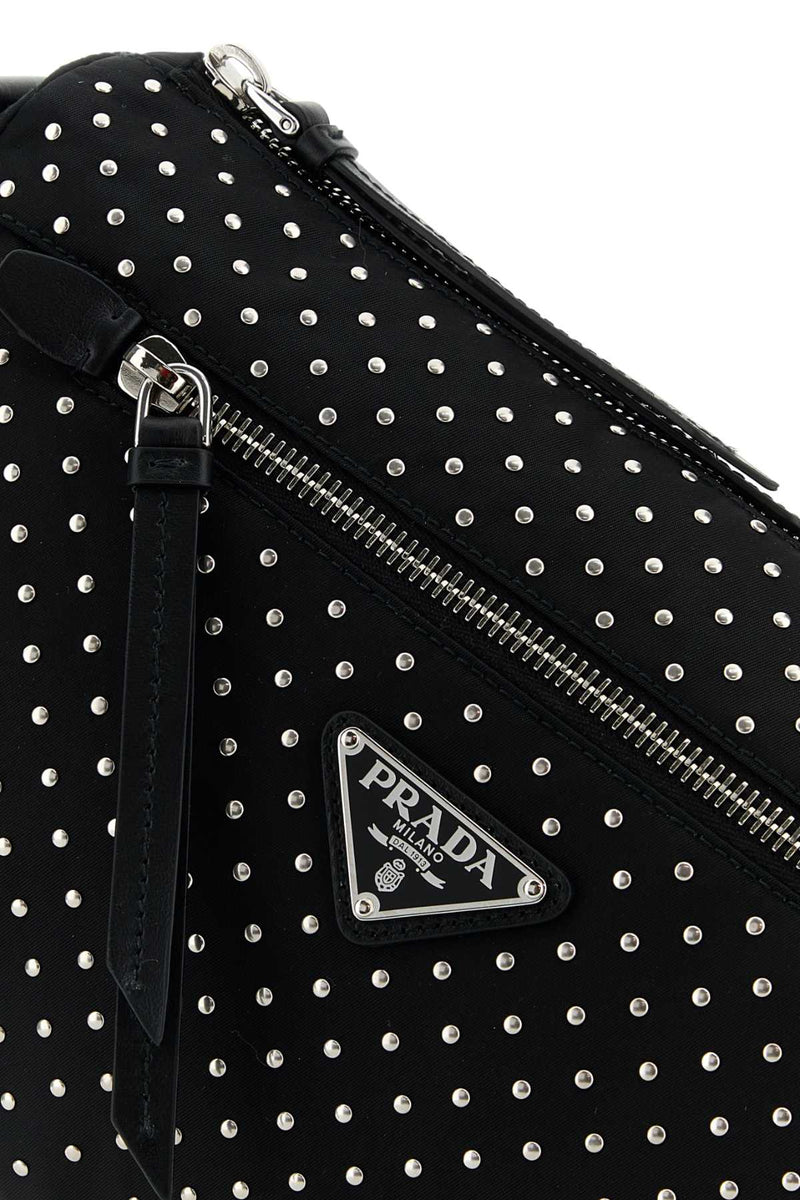 Prada Studded Nylon Shoulder Bag — Black