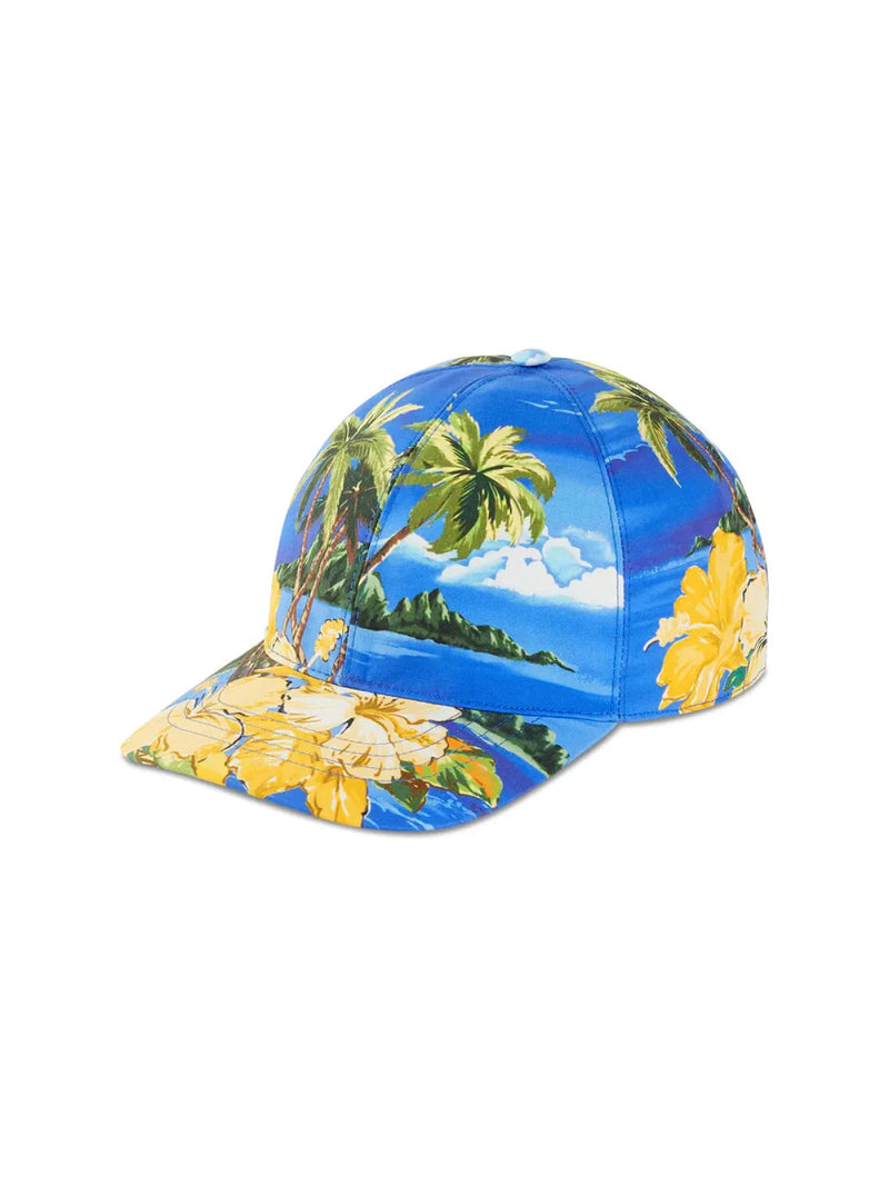 Gucci 7006004hapr8464 Hawaiian Print Logo Patch Baseball Cap — Blue Cotton Caps