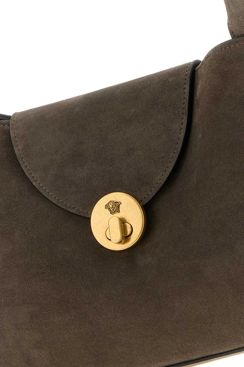 Versace Suede With Gold-Tone Closure Shoulder Bag — Brown