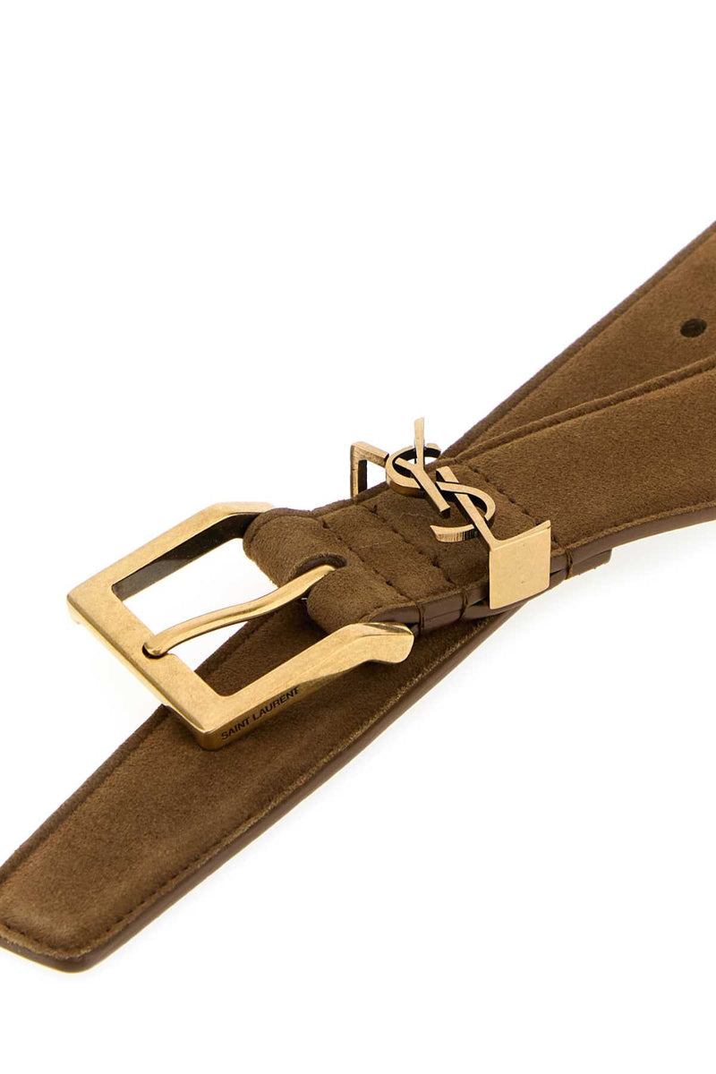 Saint Laurent Suede Logo Buckle Belt — Brown