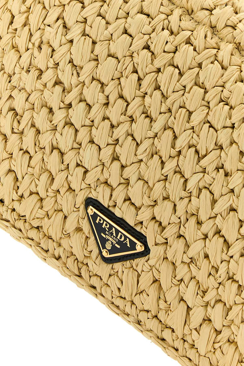 Prada Raffia With Logo Embroidery Crossbody Bag — Beige