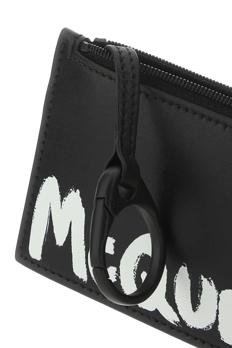 Alexander Mcqueen Leather With Graffiti Branding Card Case — Black Exterior: Wallet