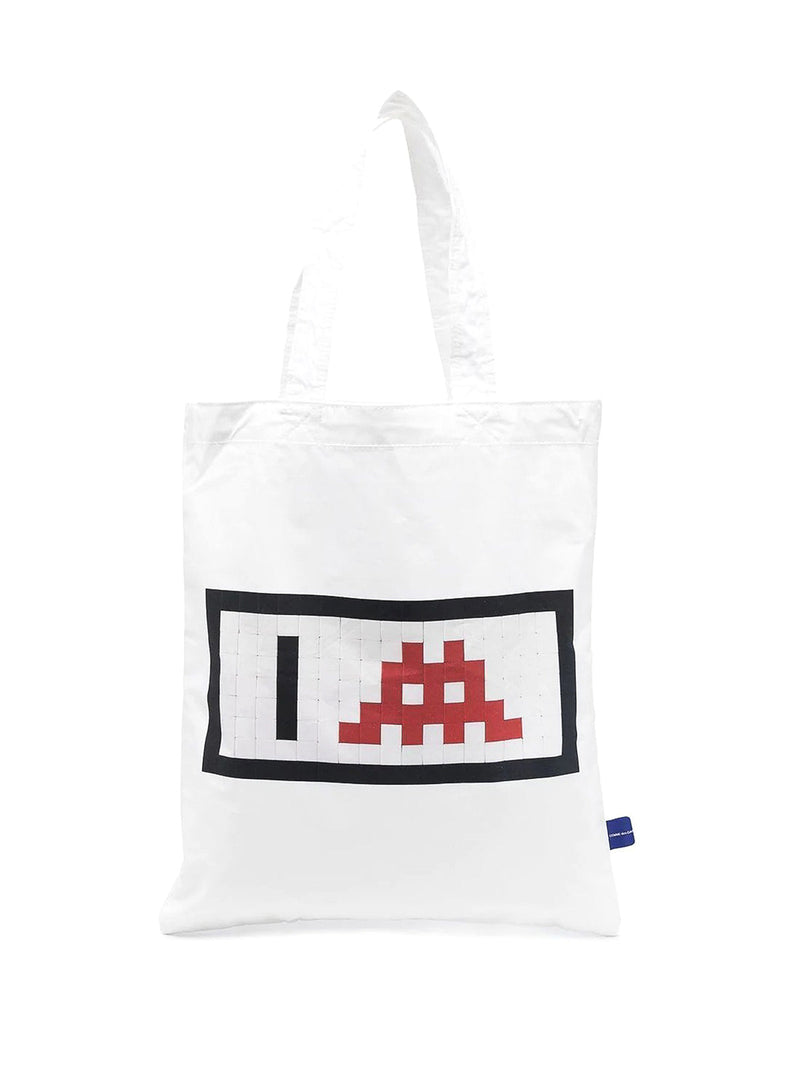 Comme Des Garçons Space Invaders Logo Appliqué Tote Bag — White Cotton