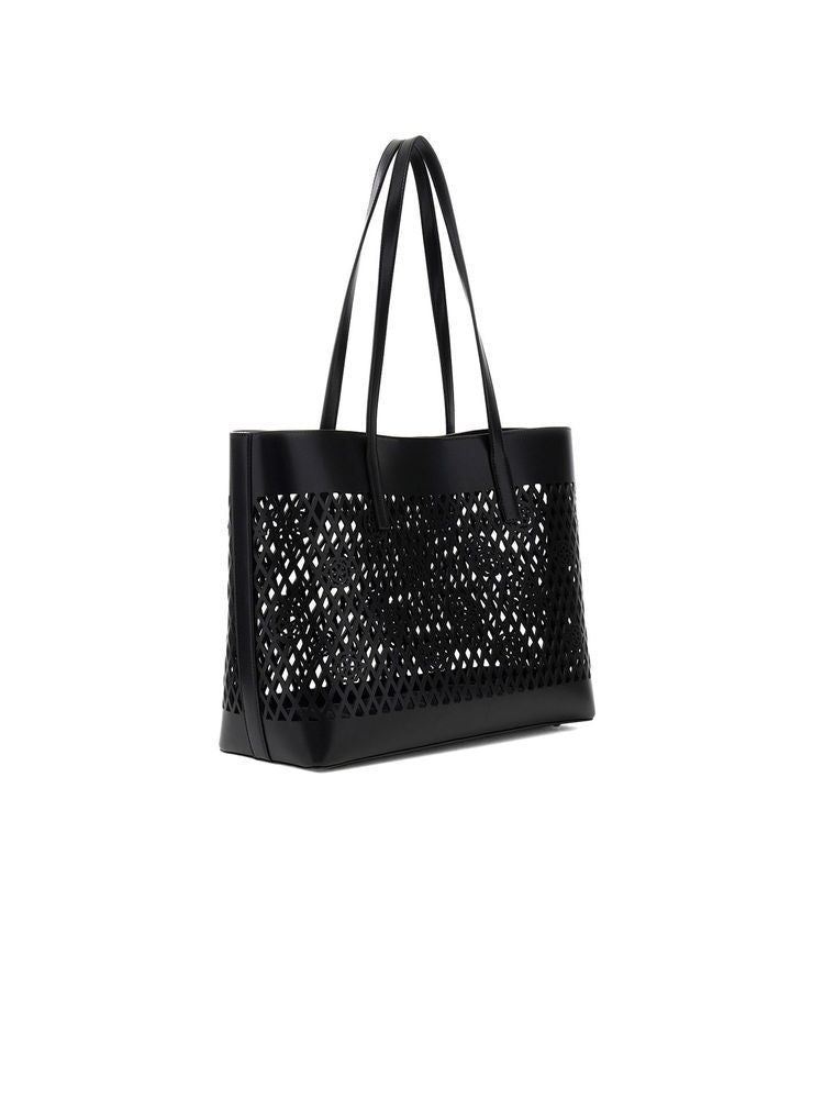 Guess Perforated Lattice Tote Bag — Black Polyurethane