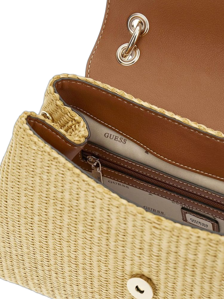 Guess Woven Straw And Leather Shoulder Bag — Beige Polypropylene