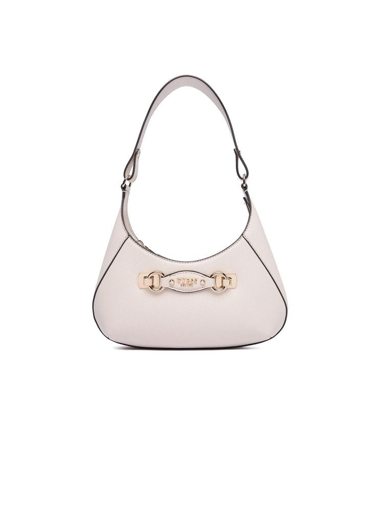 Guess Polished Top-Zip Shoulder Bag — Beige Polyurethane