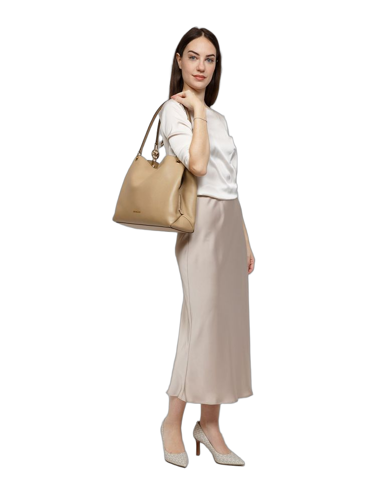Michael Kors Leather Triple-Gusset Shoulder Bag — Beige