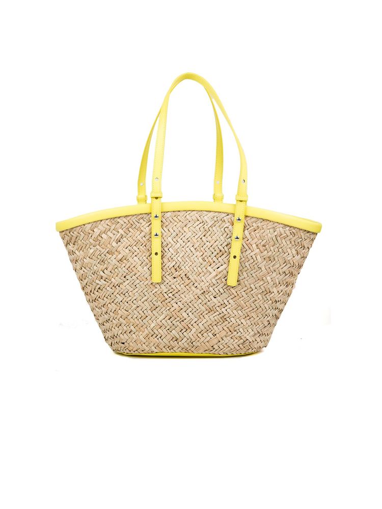 Pinko Raffia And Leather Tote Bag — Yellow Cow