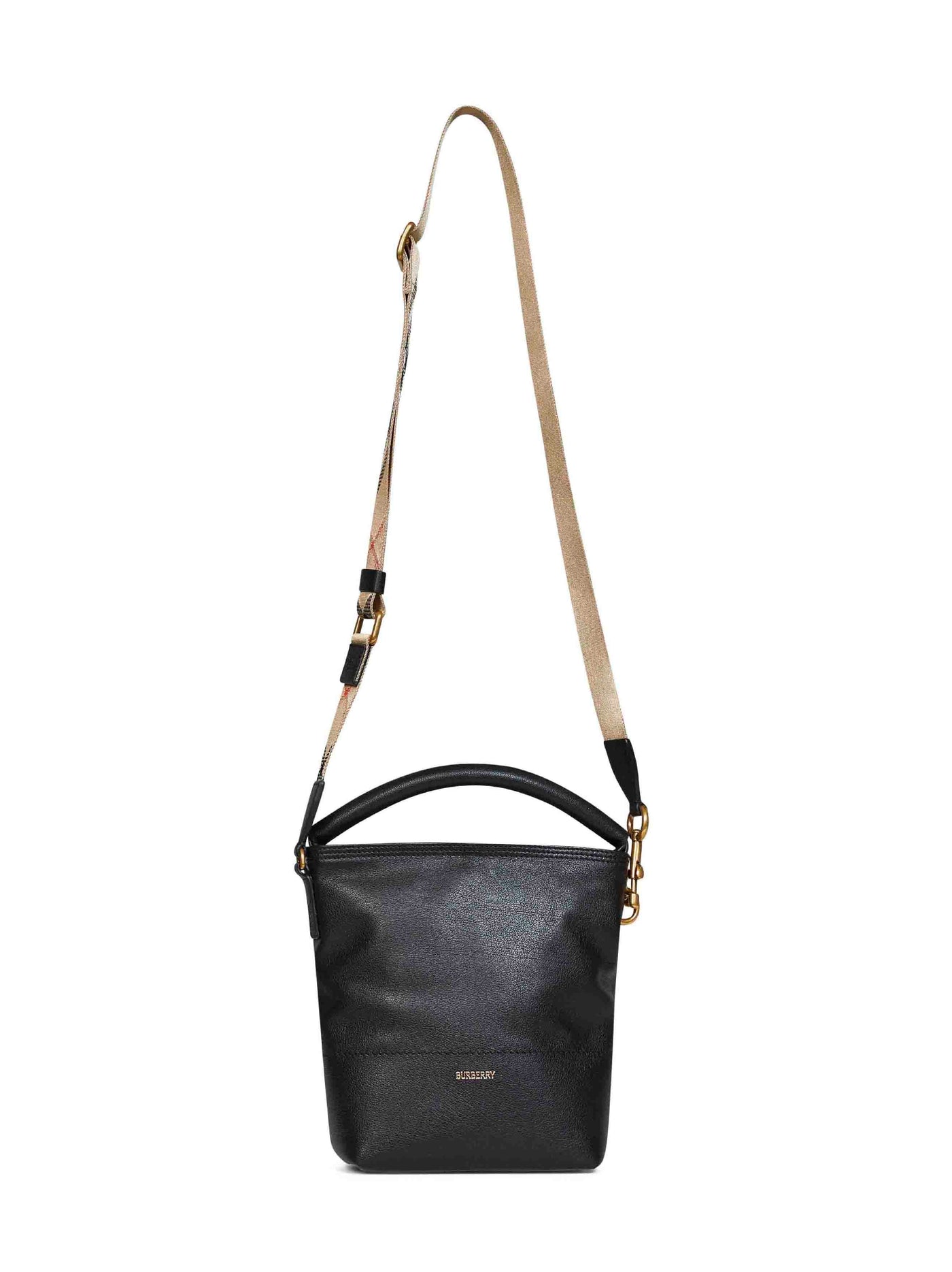 Burberry Check Bucket Bag — Black Calf Grain Leather