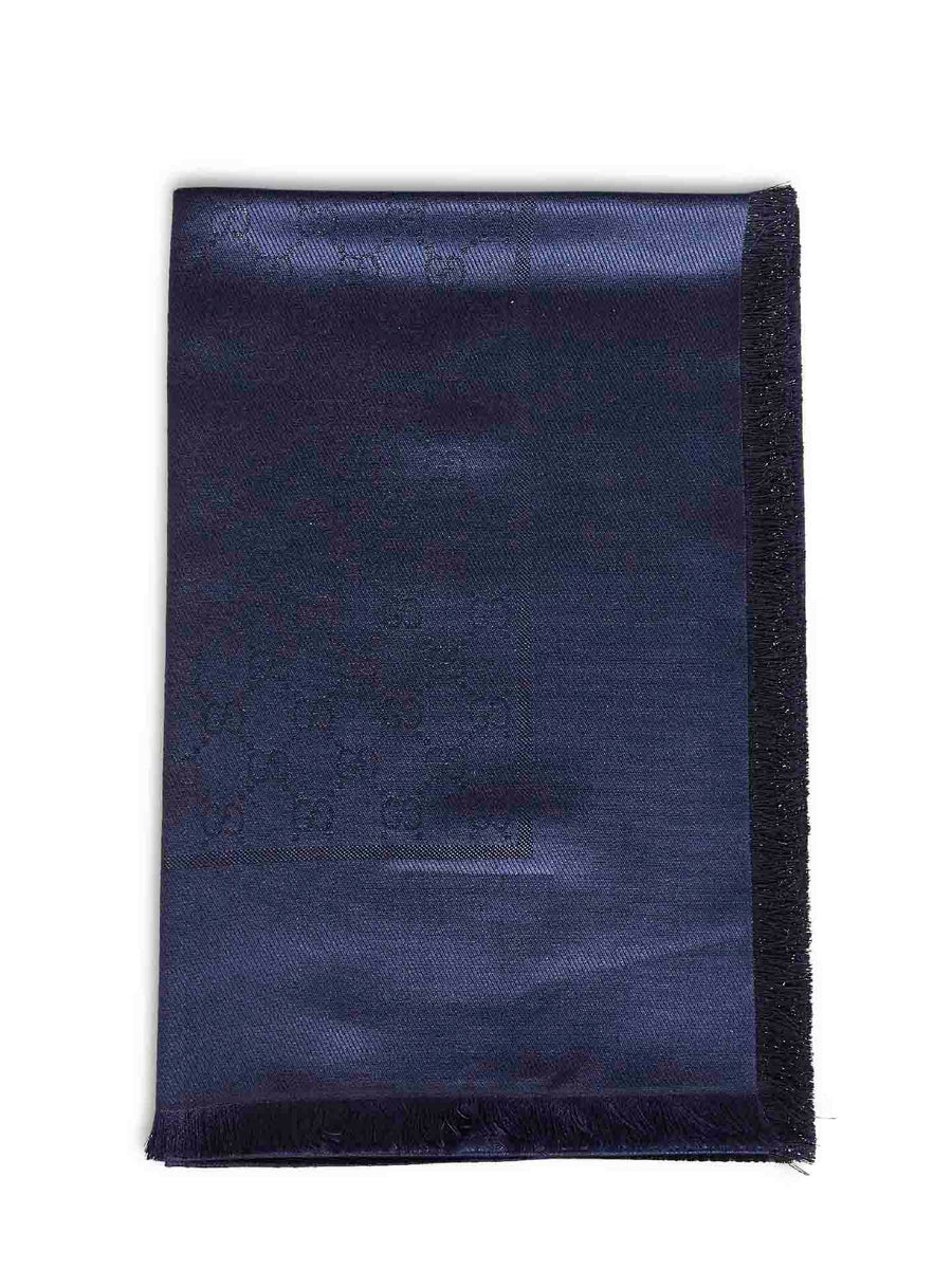 Gucci Gg Lamé Wool And Silk Scarf — Blue Scarfs