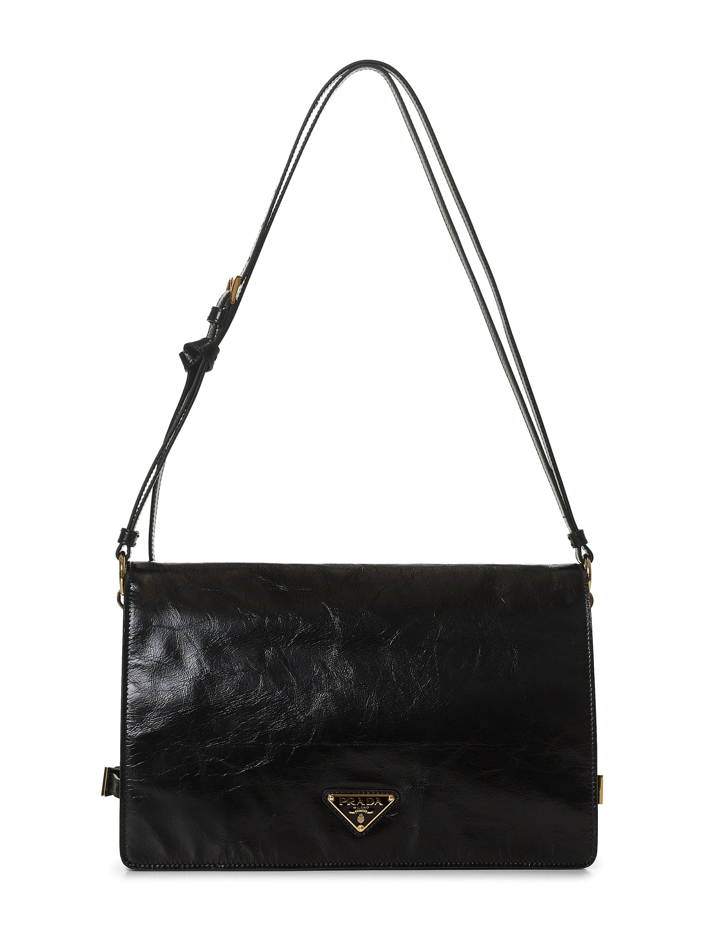 Prada Mirrored-Finish Calf Leather Shoulder Bag — Black