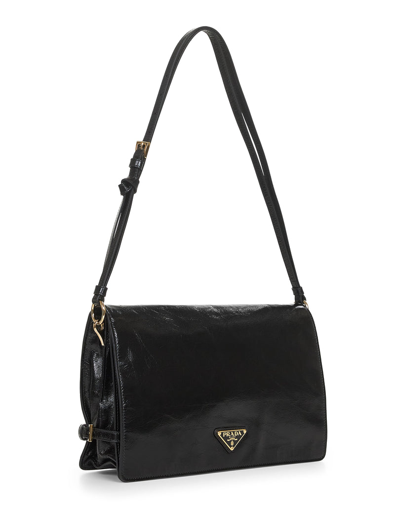 Prada Mirrored-Finish Calf Leather Shoulder Bag — Black