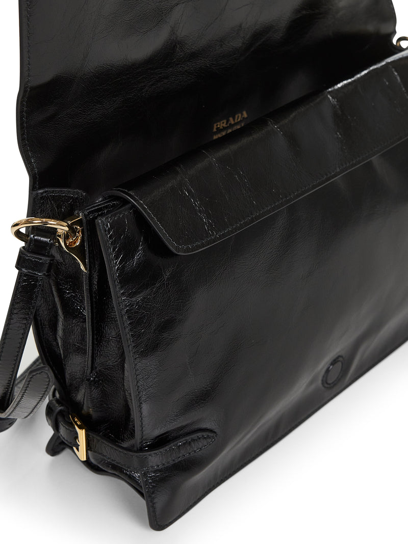 Prada Mirrored-Finish Calf Leather Shoulder Bag — Black