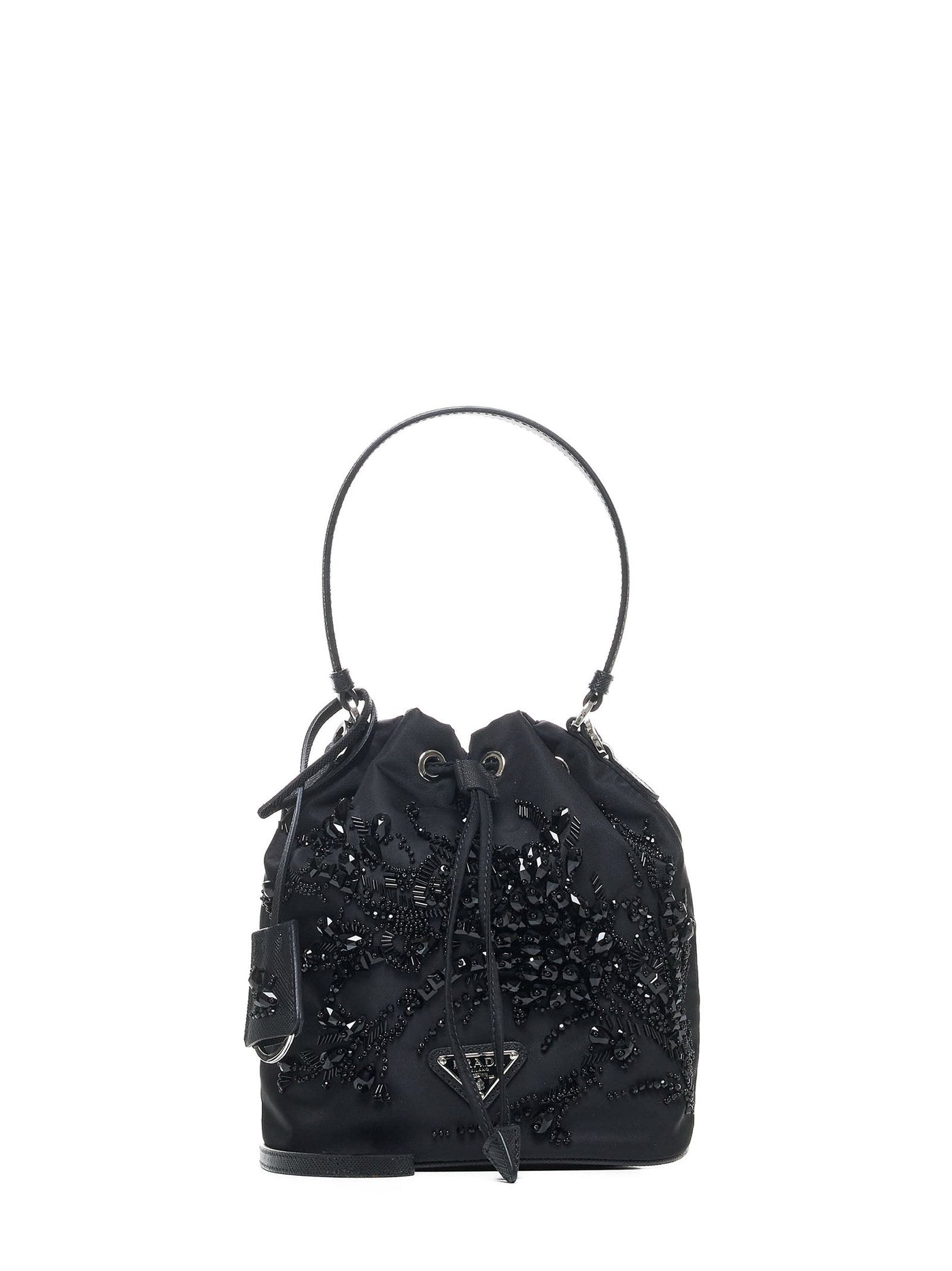Prada Crystal-Embellished Art Deco Embroidery Bucket Bag — Black Recycled Polyamide