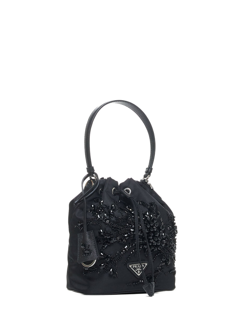 Prada Crystal-Embellished Art Deco Embroidery Bucket Bag — Black Recycled Polyamide