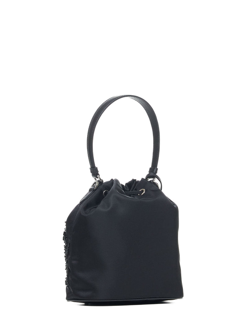Prada Crystal-Embellished Art Deco Embroidery Bucket Bag — Black Recycled Polyamide