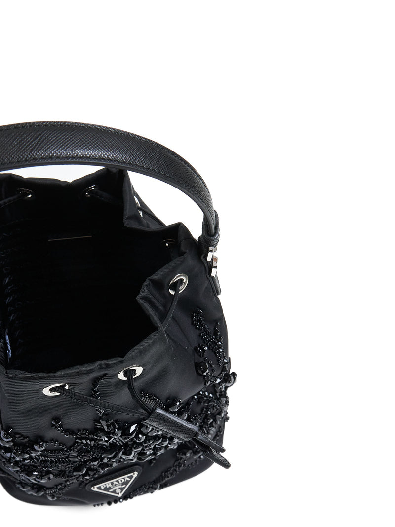Prada Crystal-Embellished Art Deco Embroidery Bucket Bag — Black Recycled Polyamide