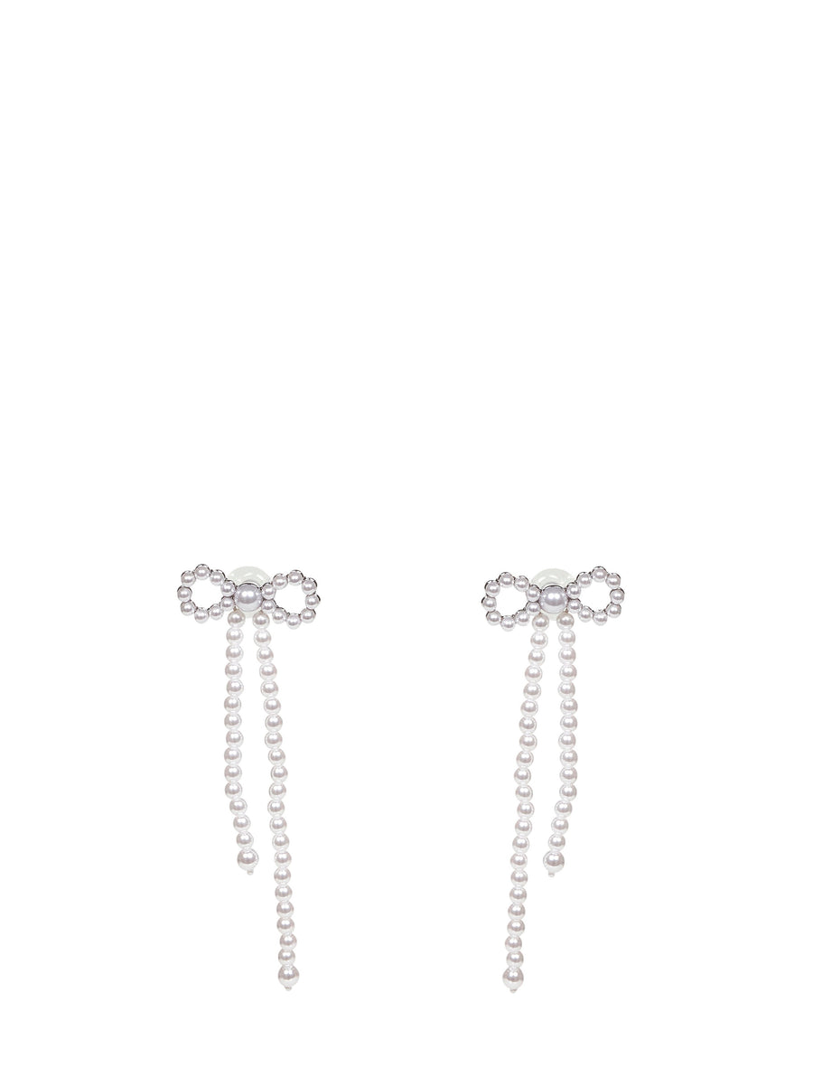 Self-Portrait Pearl-Embellished Bow Drop Earrings — Silver Переработанный Полиэстер